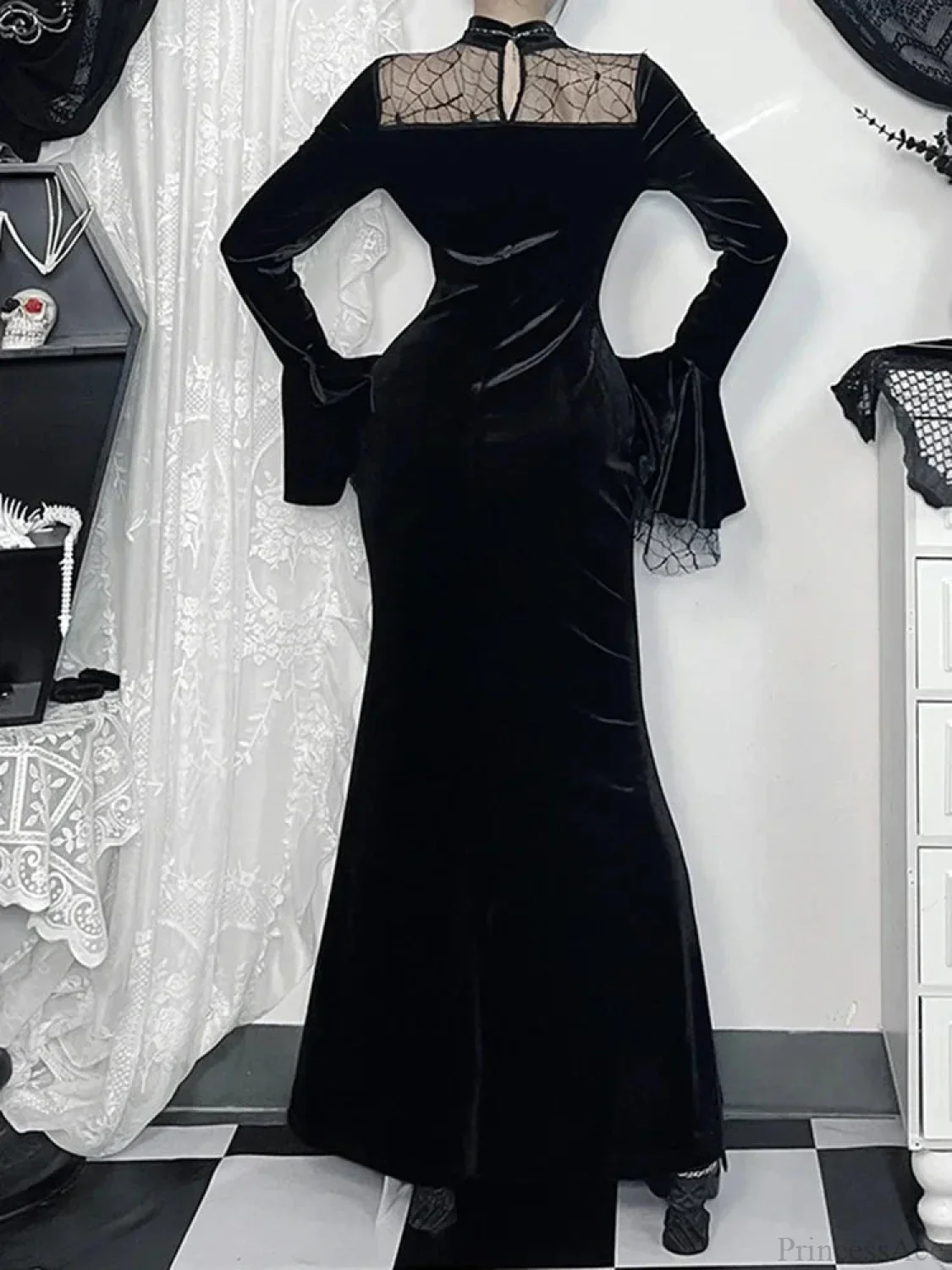 Spider Web Mesh Patchwork Long Dress - Image 4