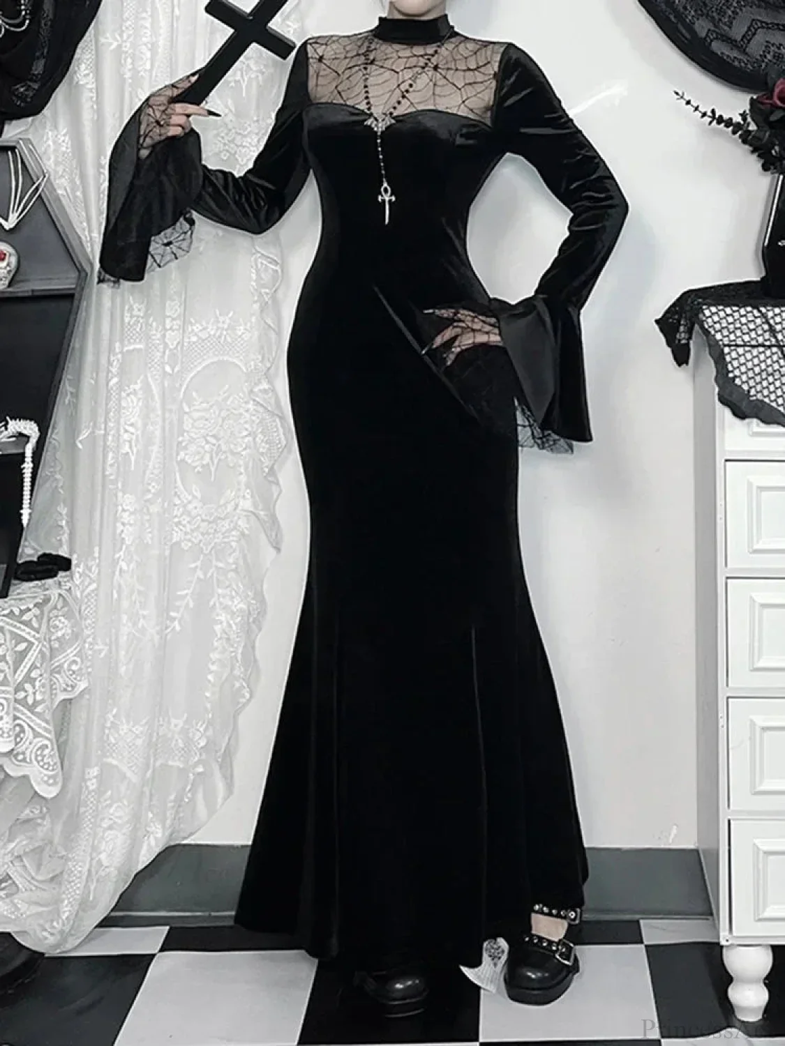 Spider Web Mesh Patchwork Long Dress - Image 5