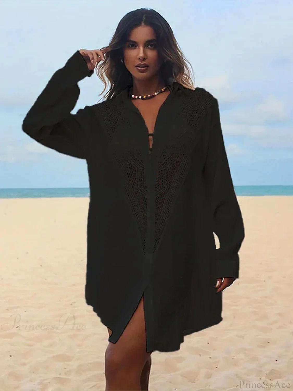 Spliced Lace Turn-Down Collar Cover Up - Image 2