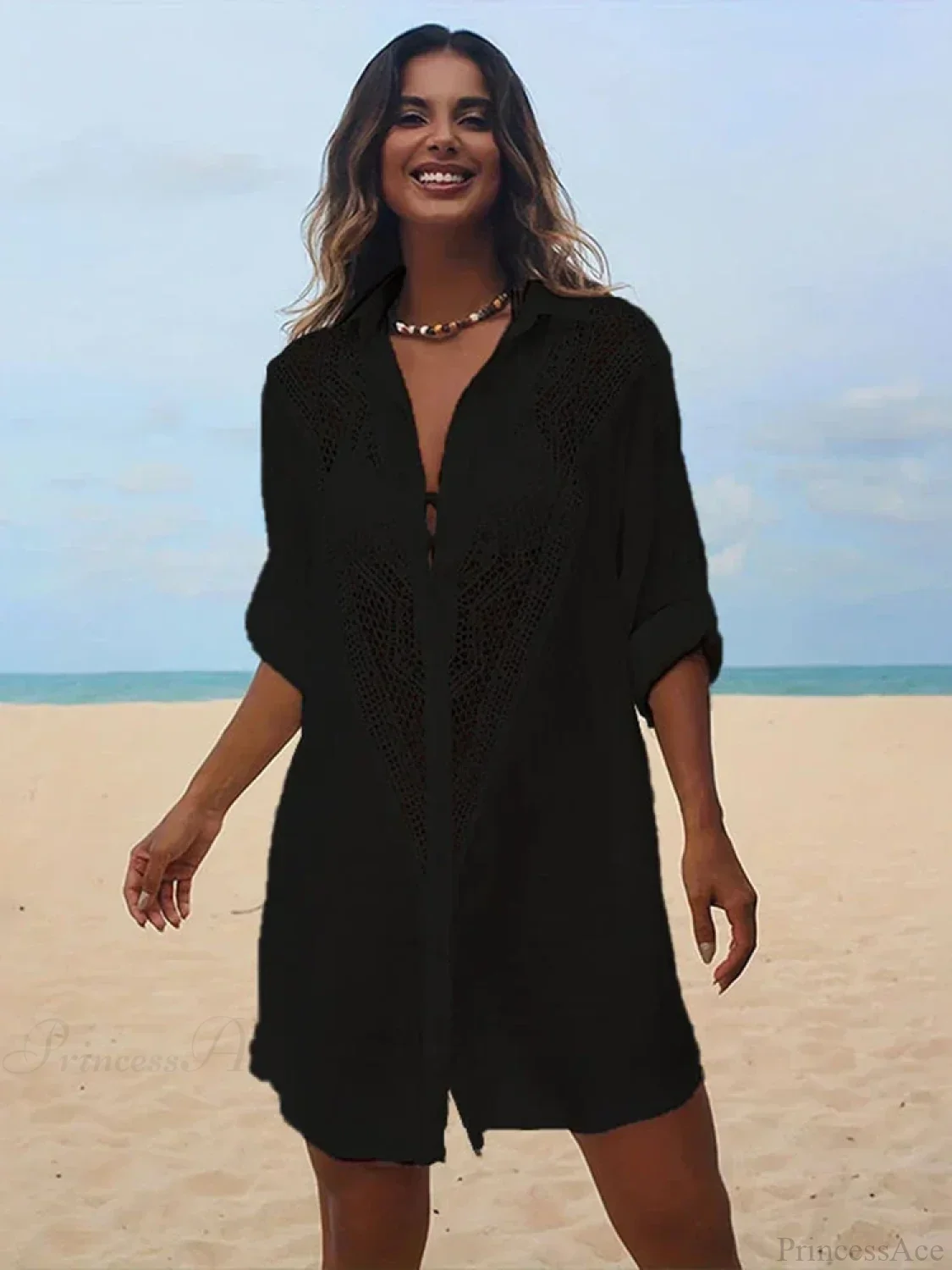 Spliced Lace Turn-Down Collar Cover Up - Image 3