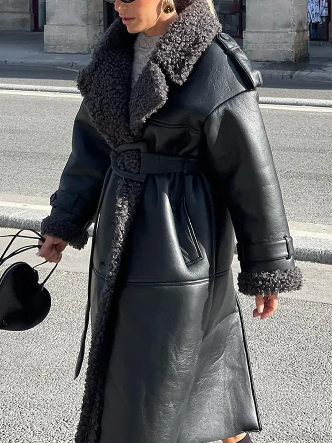 Splicing Thicken Warm Leather Coat - Image 6
