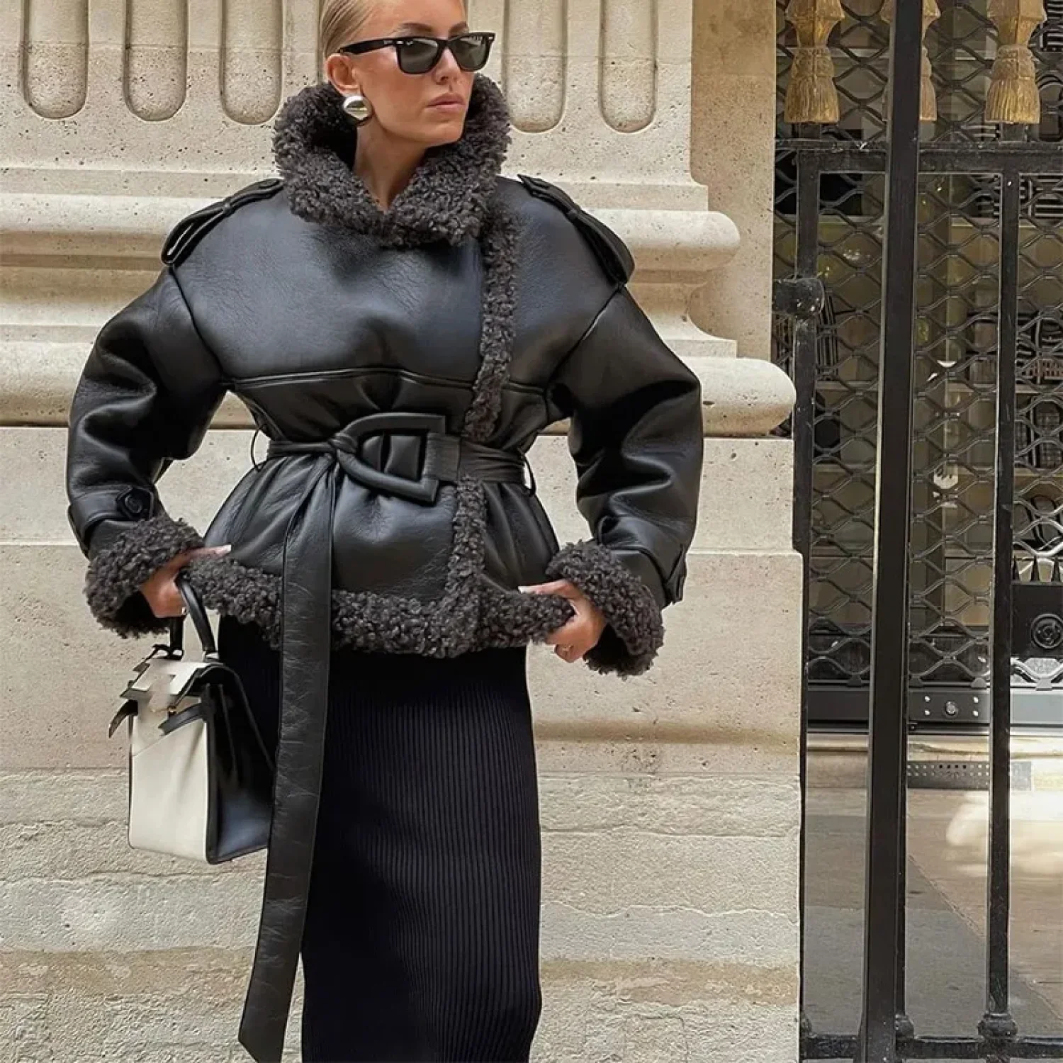 Splicing Thicken Warm Leather Coat - Image 7