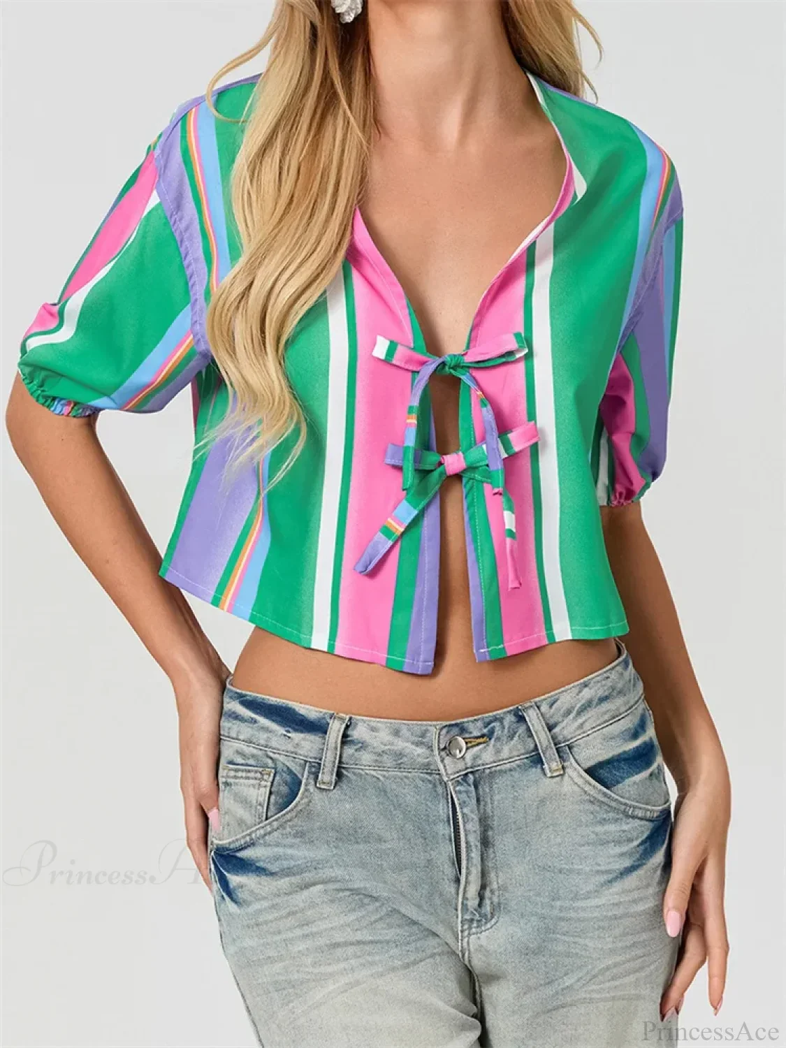 Split Tie-Up Puff Sleeve Blouse - Image 2