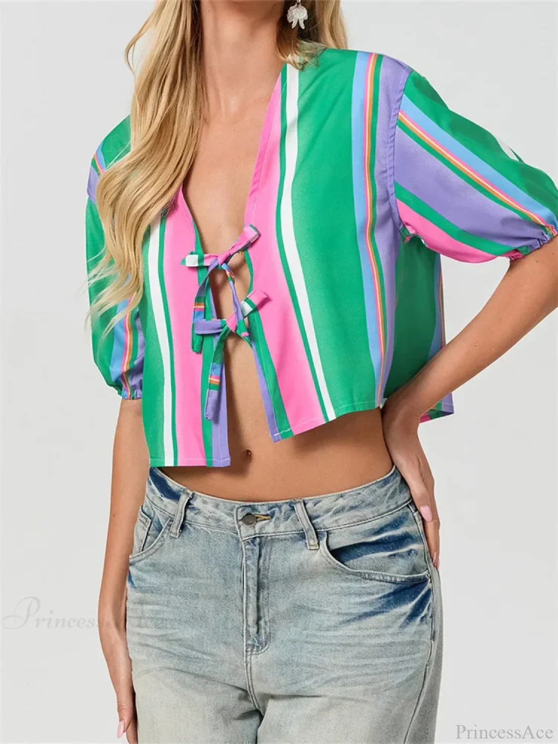 Split Tie-Up Puff Sleeve Blouse - Image 3