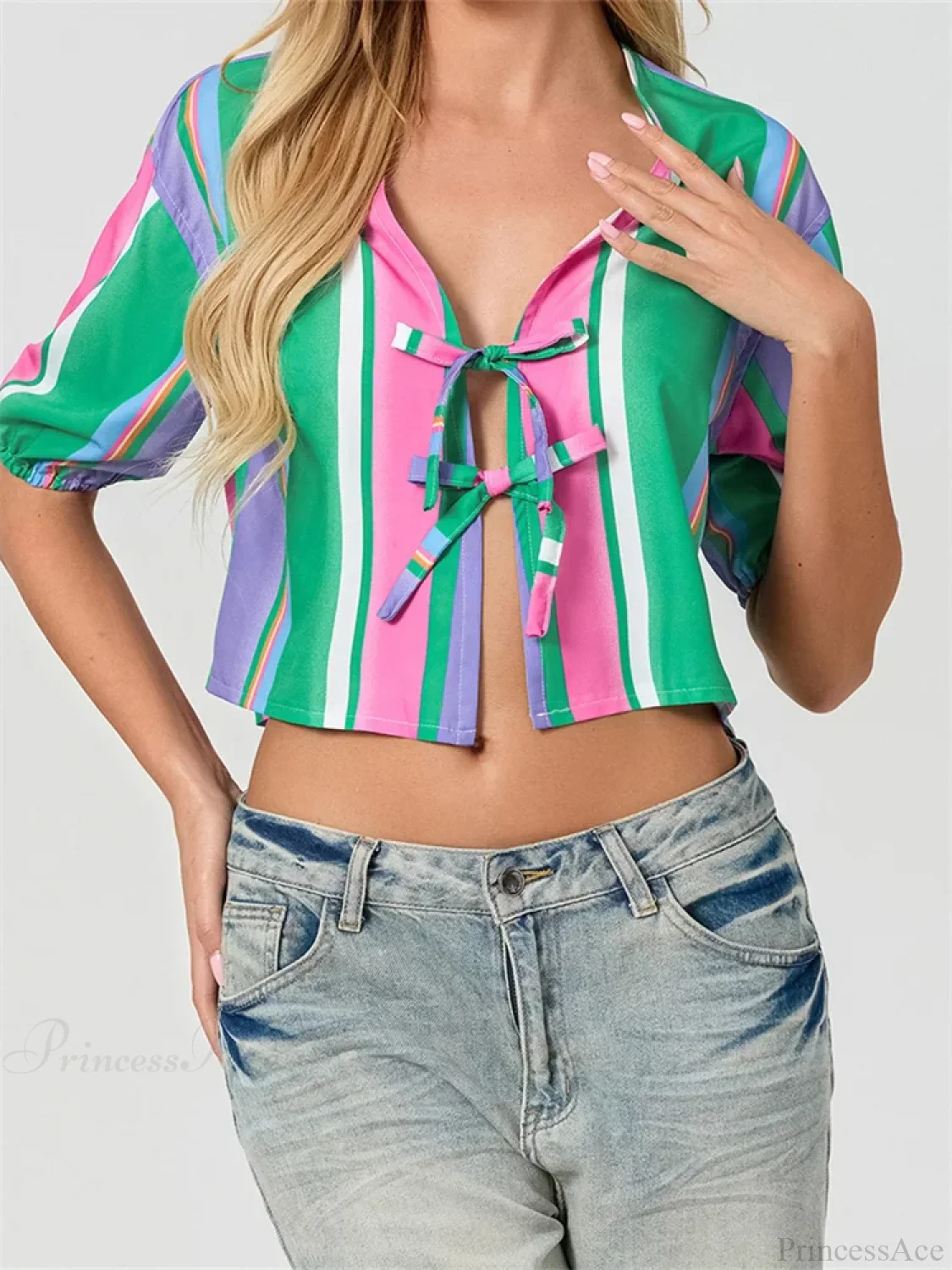 Split Tie-Up Puff Sleeve Blouse - Image 5