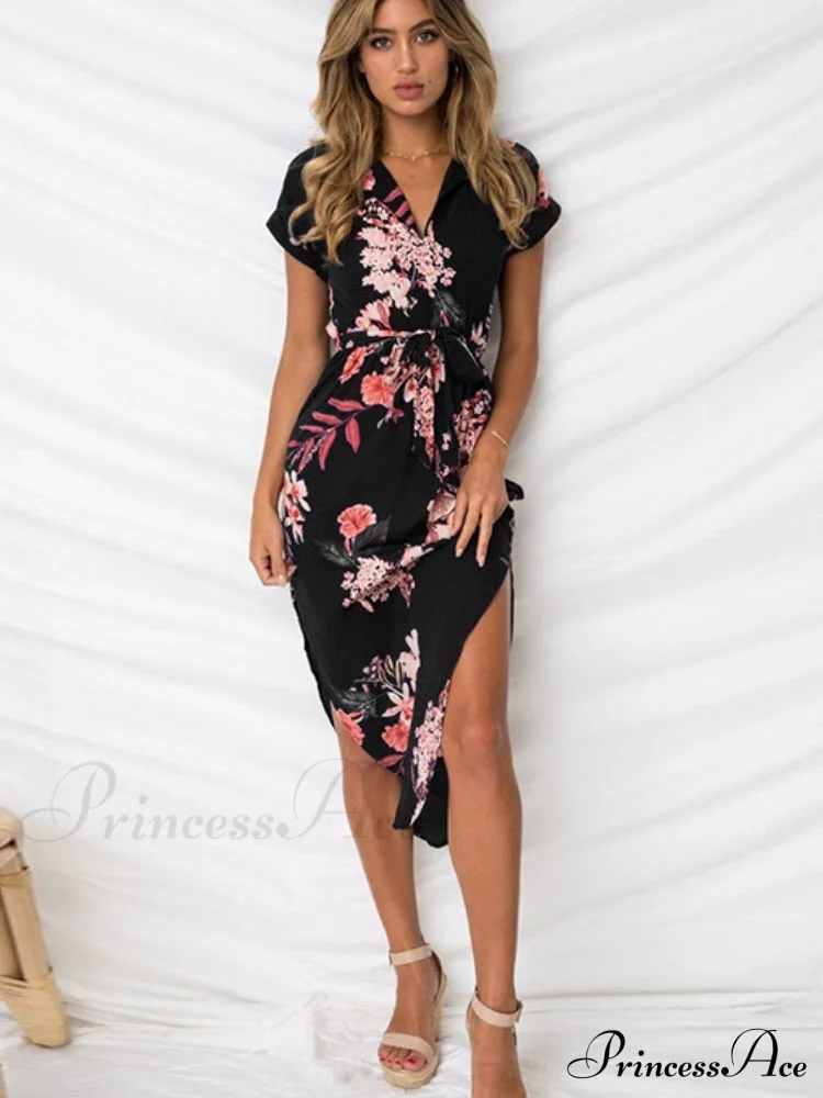 Split Women Party Flowered Midi Ruffles Bohemian V-Neck Casual Gown Gown Design Wrap Warm-Season Sexy Full-Length Coastal Robe - Image 5