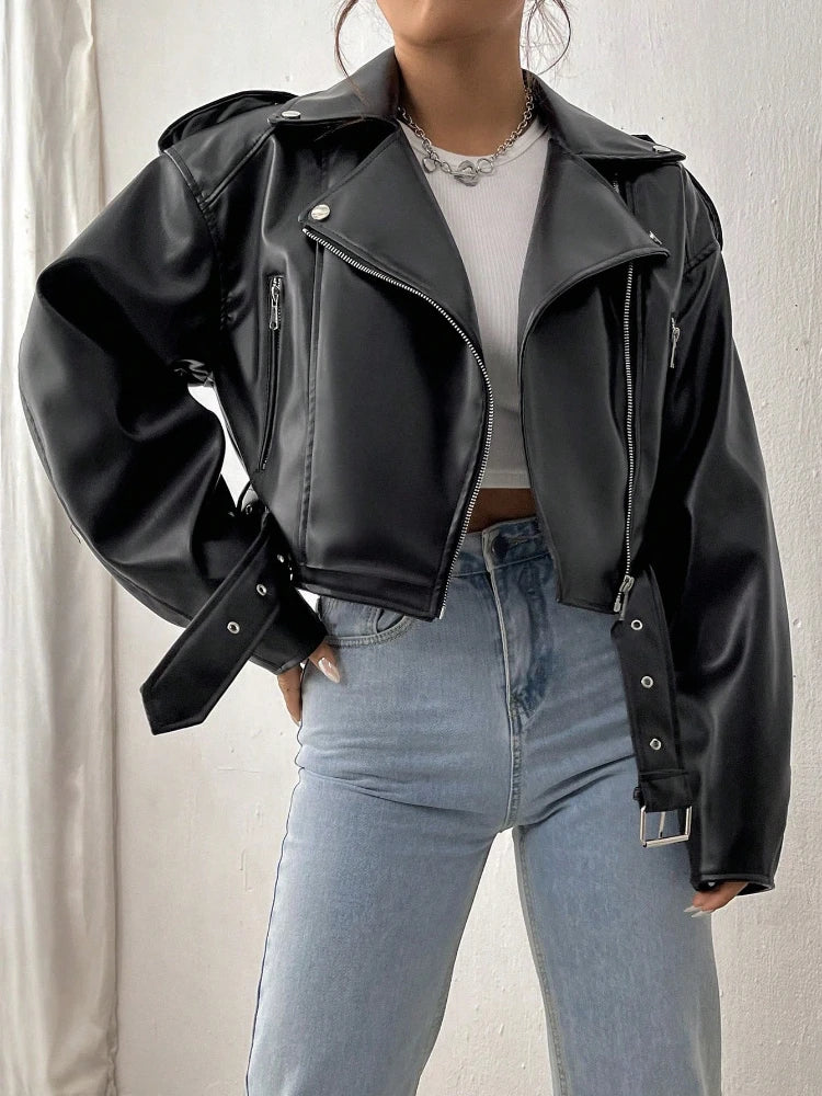 Spring Autumn Casual Lapel Zipper PU Leather High Street Motorcycle Jacket - Image 2
