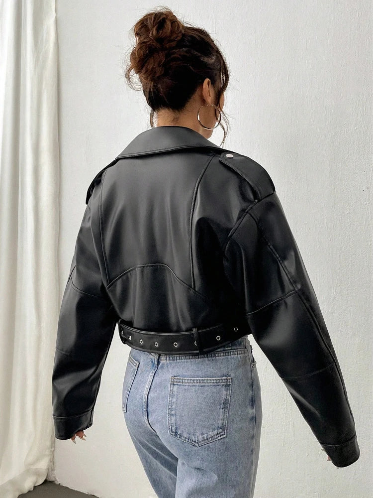 Spring Autumn Casual Lapel Zipper PU Leather High Street Motorcycle Jacket - Image 6