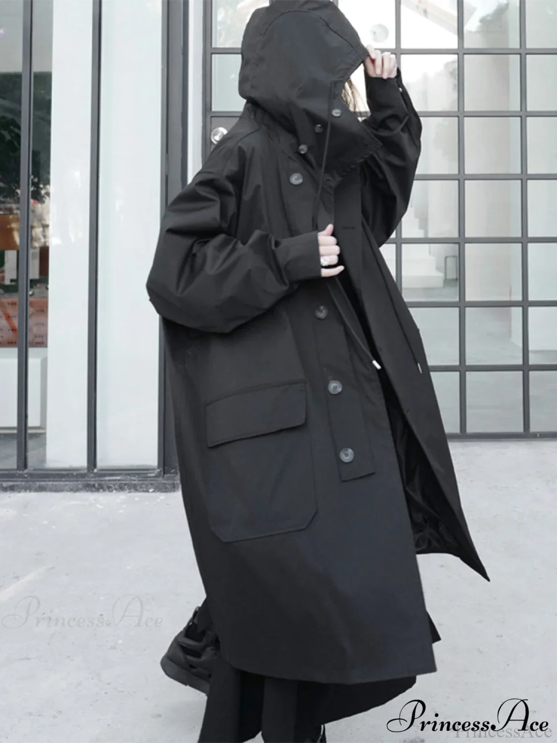 Spring Autumn Long Oversized Black Hood Dark Aesthetic Luxury Designer Stylish Coat - Image 4
