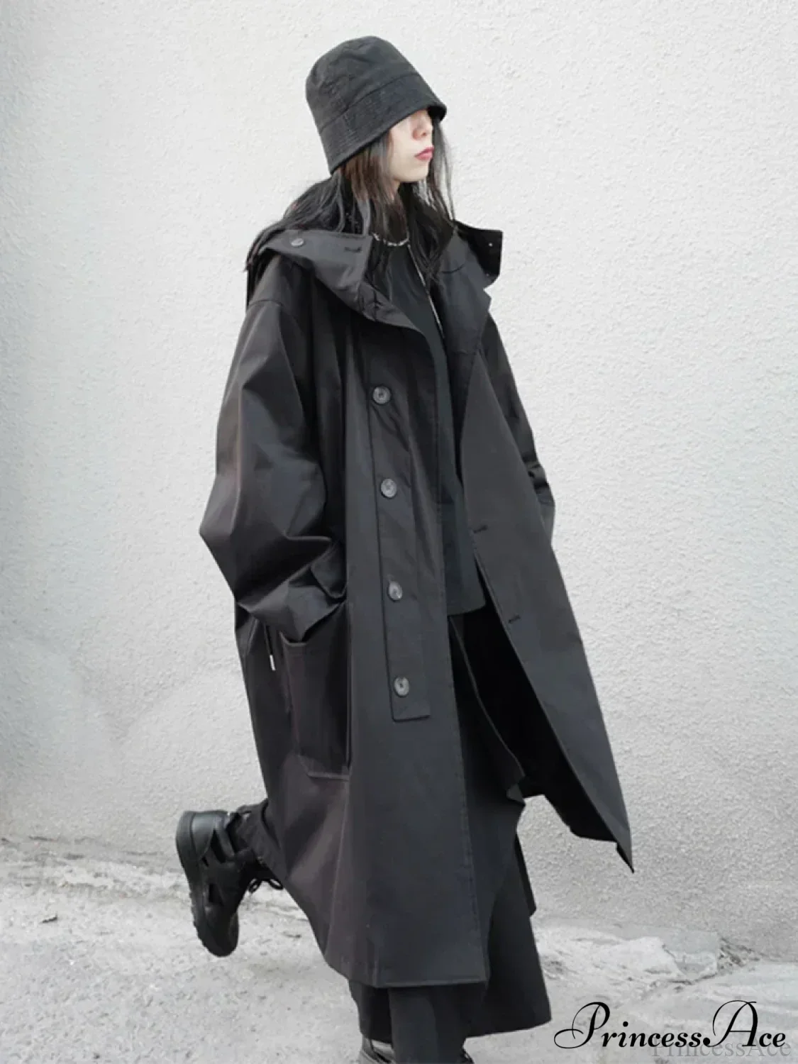 Spring Autumn Long Oversized Black Hood Dark Aesthetic Luxury Designer Stylish Coat - Image 5