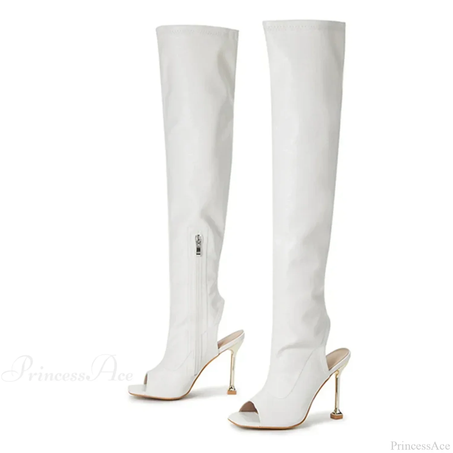 Spring Autumn Sexy Zip Metal Thin-Heels Open-Toe Leather Thigh-High Over-The-Knee Boots Stripper High Heel - Image 4