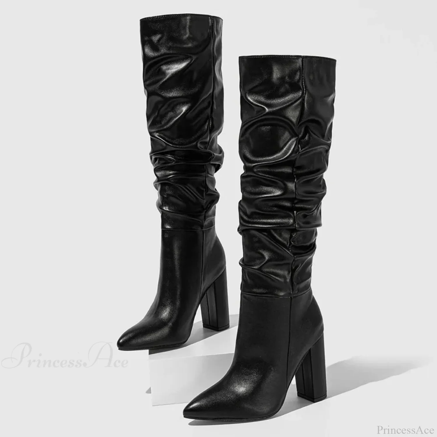 Spring Fashion Pleated Chunky High Heel Sexy Slip-on Pointed Toe Knee High Boot - Image 4