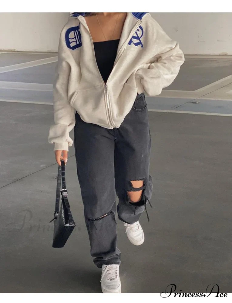 Spring Hoodie Hop Zipper Y2K Oversized Women's Gray Embroidery Letter Streetwear Punk Hip Sweatshirt