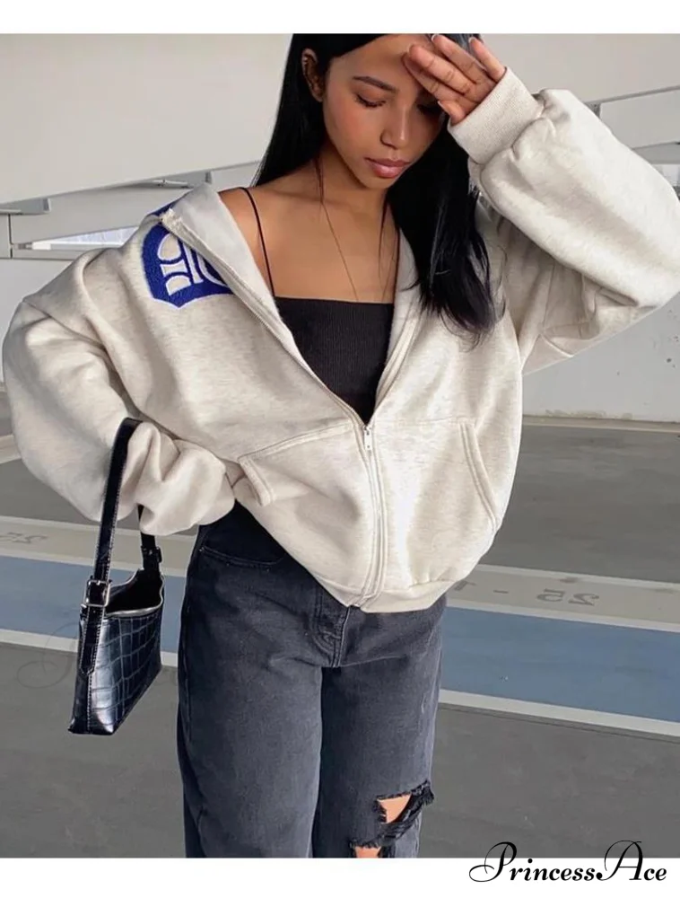 Spring Hoodie Hop Zipper Y2K Oversized Women's Gray Embroidery Letter Streetwear Punk Hip Sweatshirt - Image 10