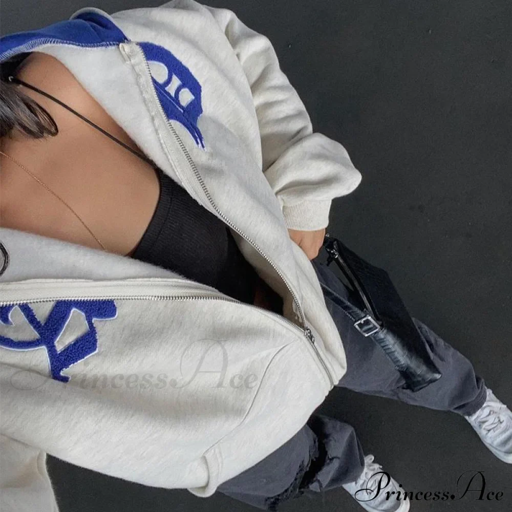 Spring Hoodie Hop Zipper Y2K Oversized Women's Gray Embroidery Letter Streetwear Punk Hip Sweatshirt - Image 5