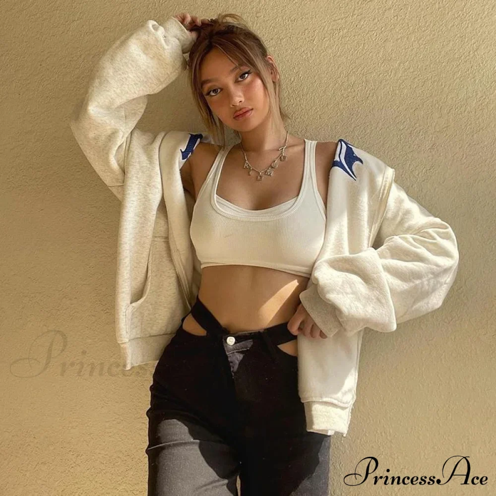Spring Hoodie Hop Zipper Y2K Oversized Women's Gray Embroidery Letter Streetwear Punk Hip Sweatshirt - Image 7