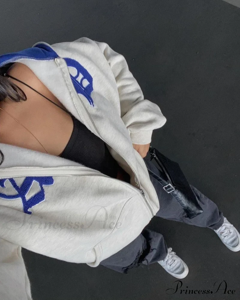 Spring Hoodie Hop Zipper Y2K Oversized Women's Gray Embroidery Letter Streetwear Punk Hip Sweatshirt - Image 9