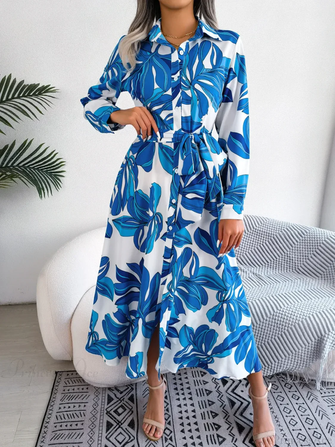 Spring Summer Contrast Floral Polo Collar Shirt Floral Dress