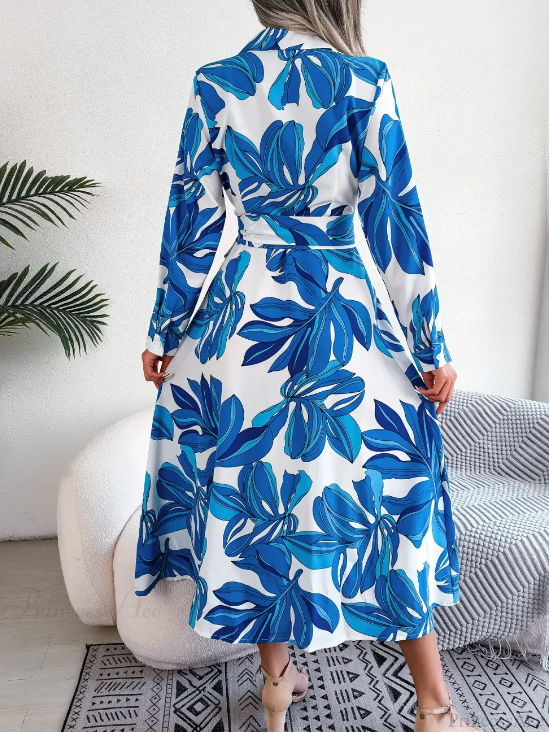 Spring Summer Contrast Floral Polo Collar Shirt Floral Dress - Image 2