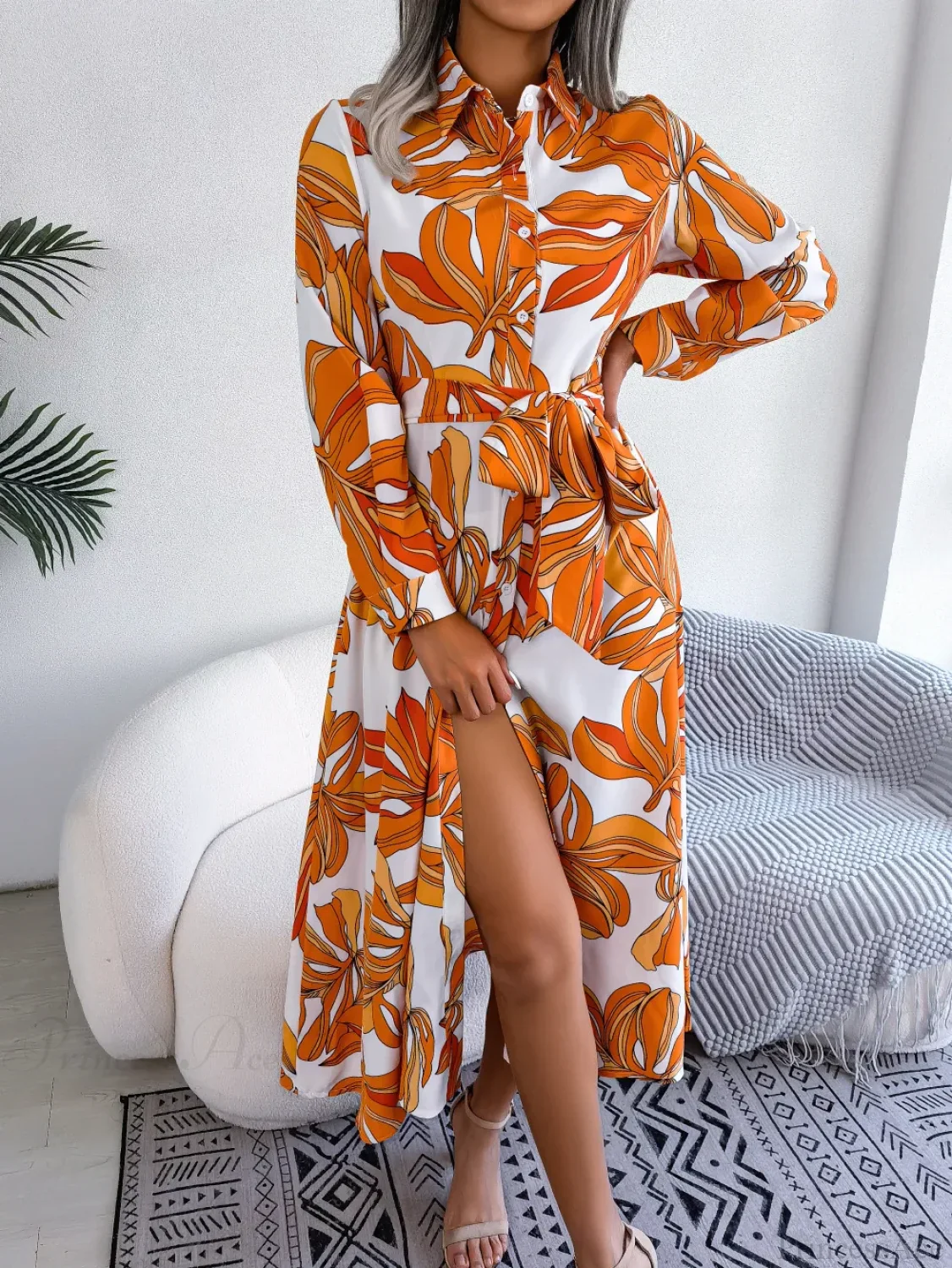 Spring Summer Contrast Floral Polo Collar Shirt Floral Dress - Image 5