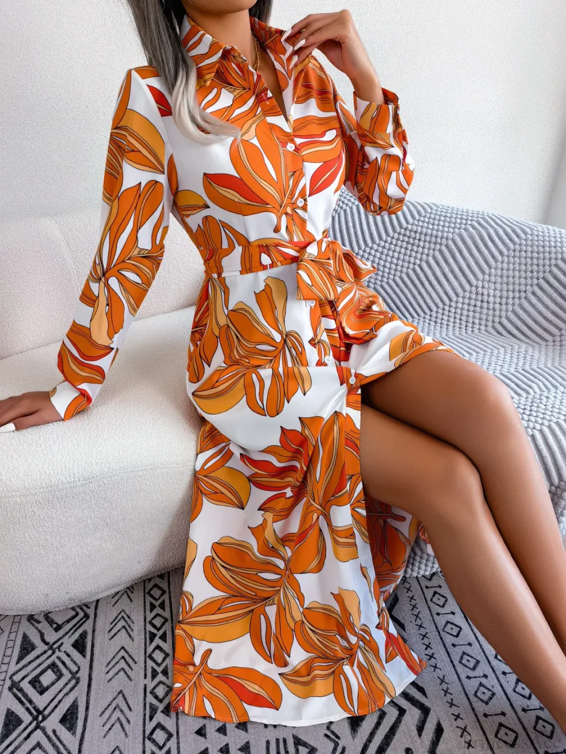 Spring Summer Contrast Floral Polo Collar Shirt Floral Dress - Image 6
