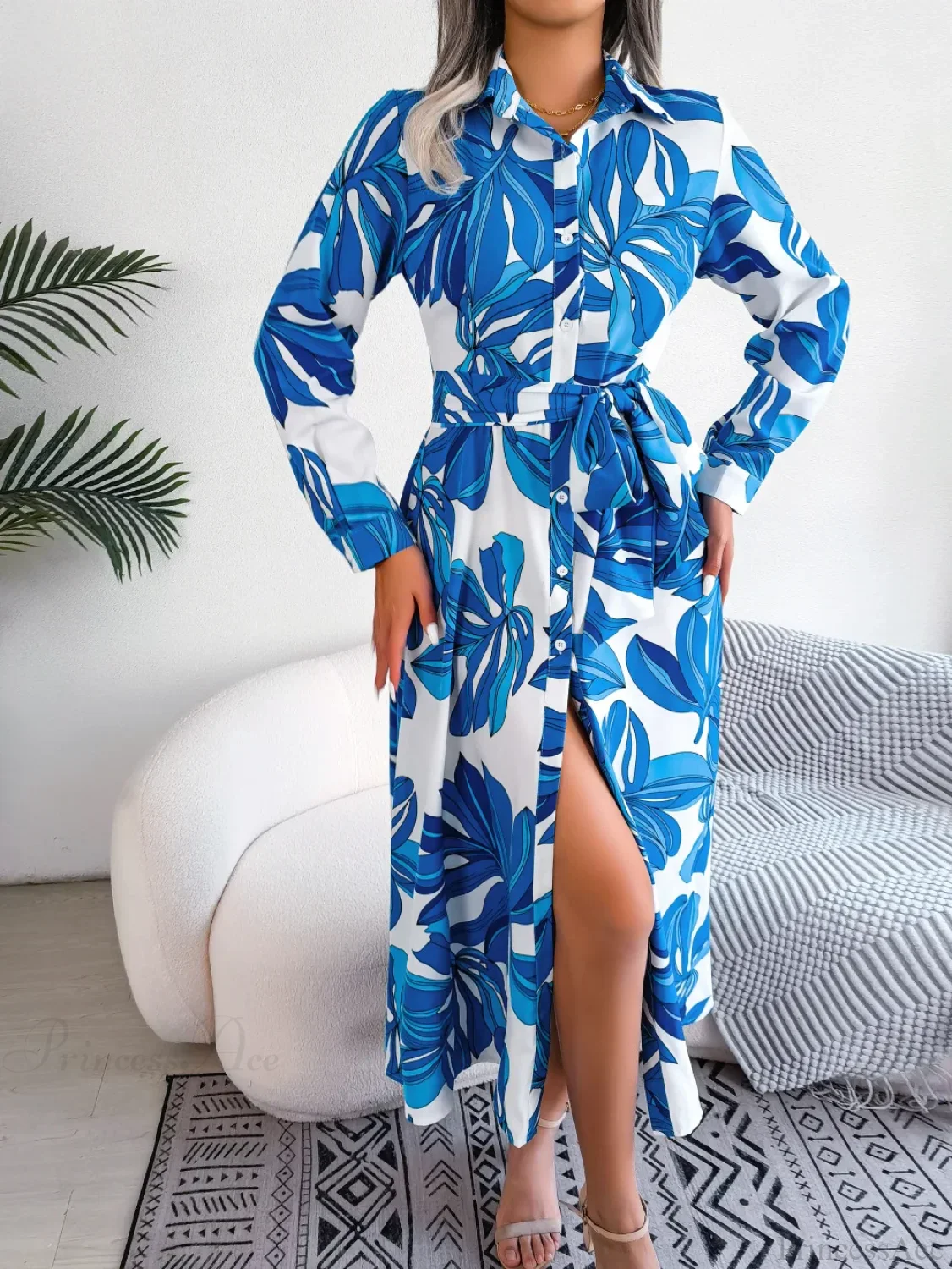 Spring Summer Contrast Floral Polo Collar Shirt Floral Dress - Image 7