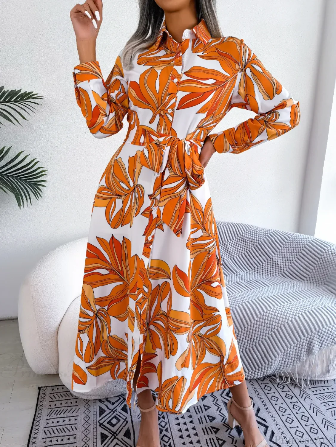 Spring Summer Contrast Floral Polo Collar Shirt Floral Dress - Image 8