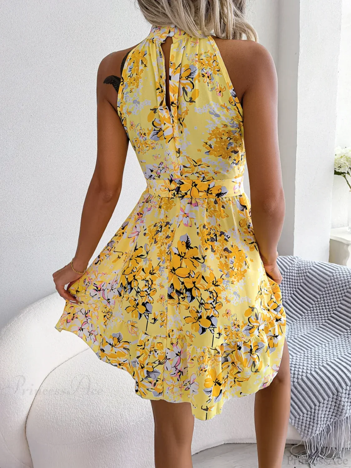 Spring Summer Floral Halter Neck Lace-up A-line Floral Dress - Image 6