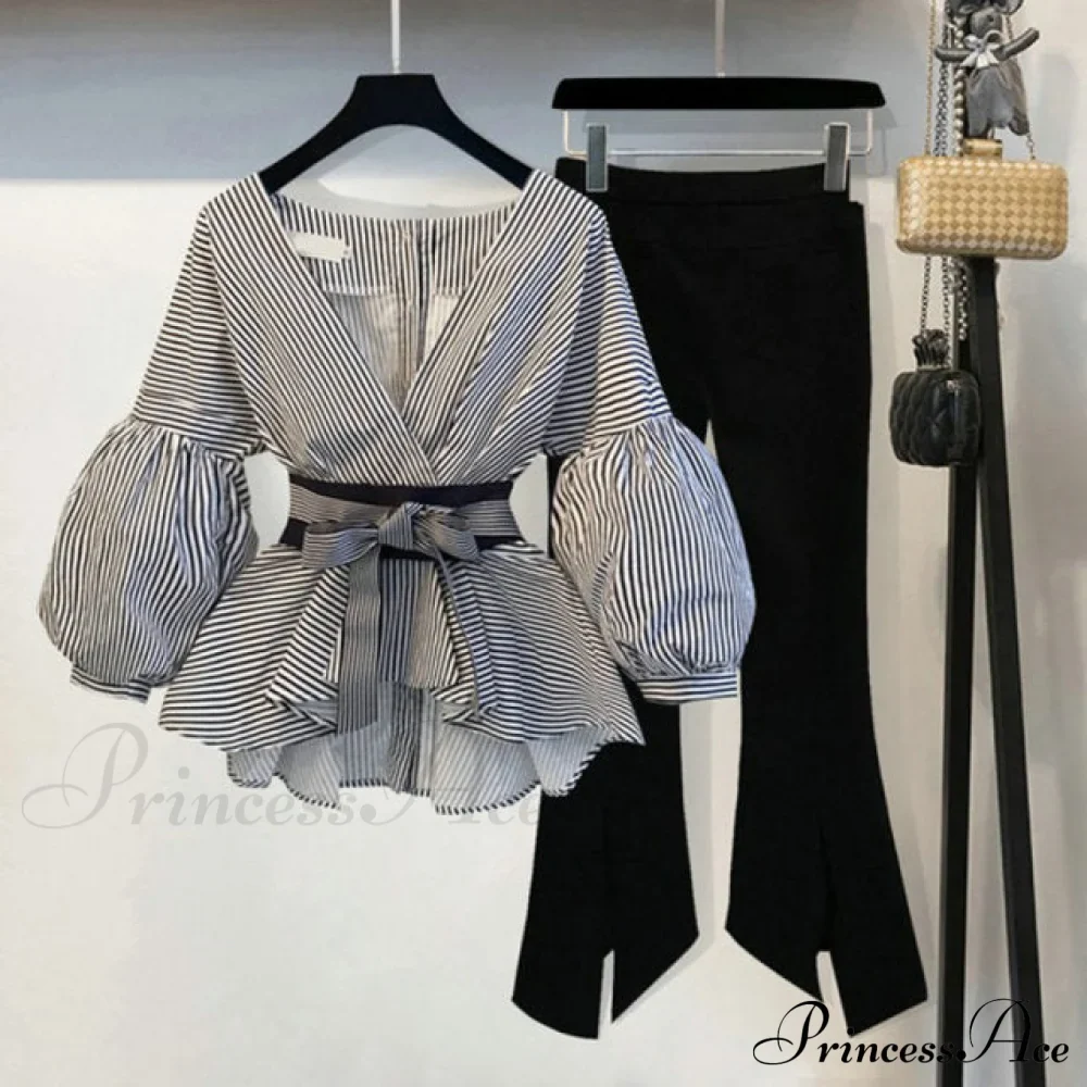 Bow Lantern Flare Pants Striped Blouse Two Piece Set - Image 2