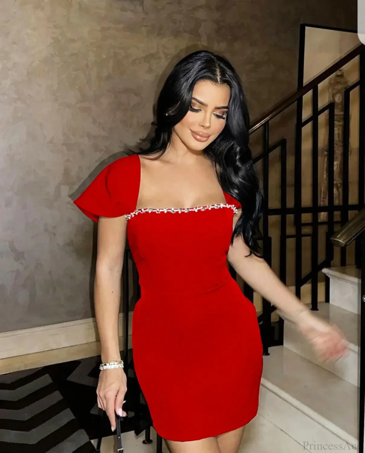 Square Collar Shining Crystal Party Dress - Image 6