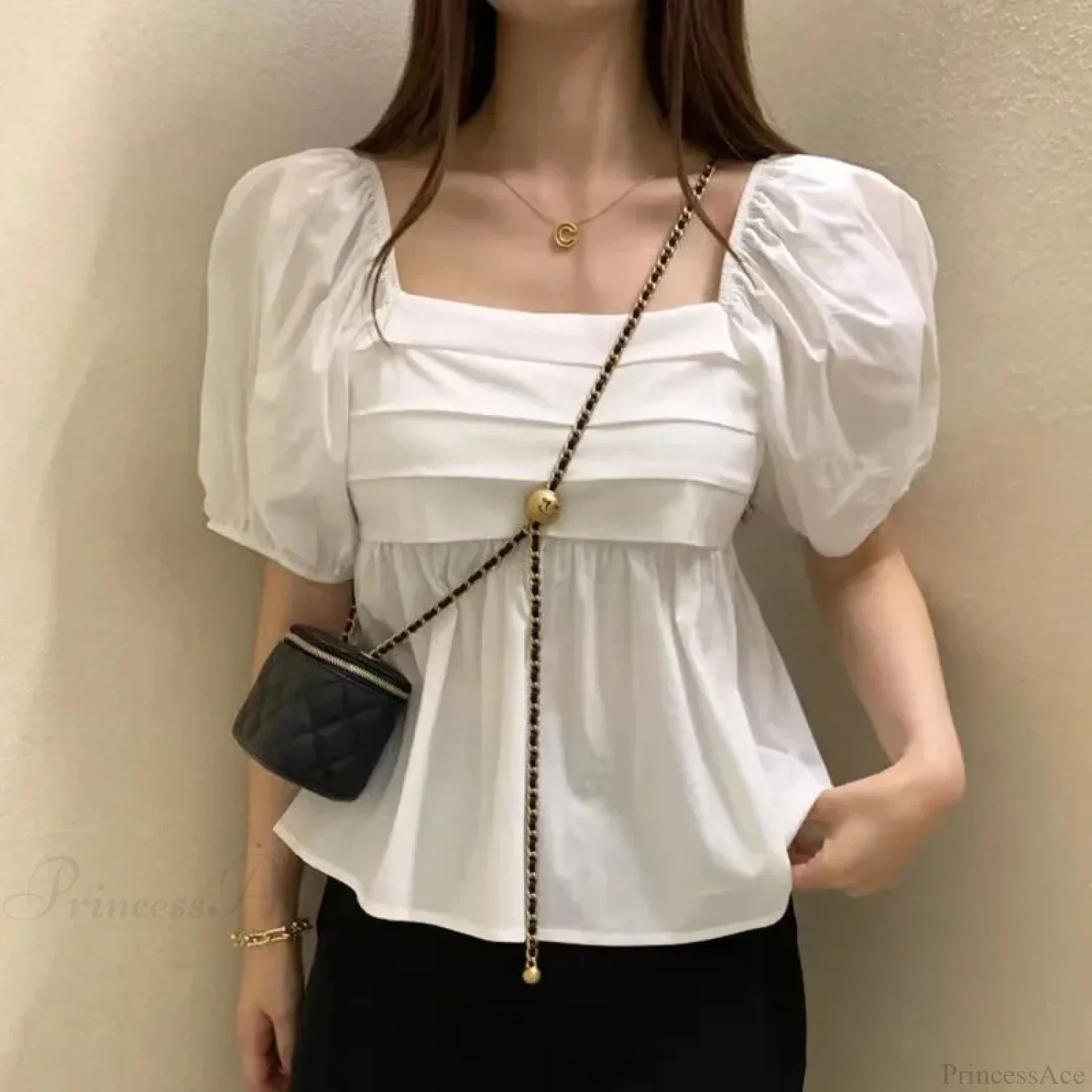 Square Neck Puff Sleeve Casual Pleated White Blouse - Image 2