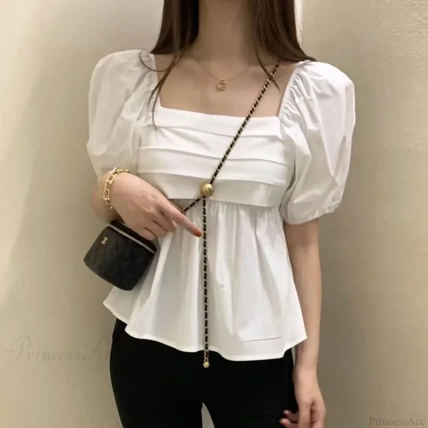 Square Neck Puff Sleeve Casual Pleated White Blouse - Image 3