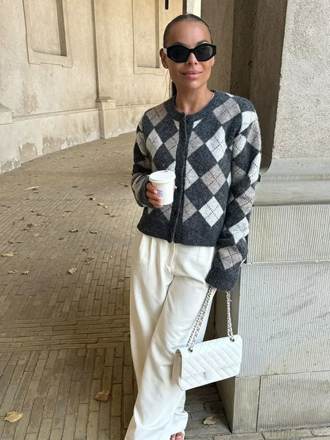 Square Printed O-neck Long Sleeve Cardigan - Image 2