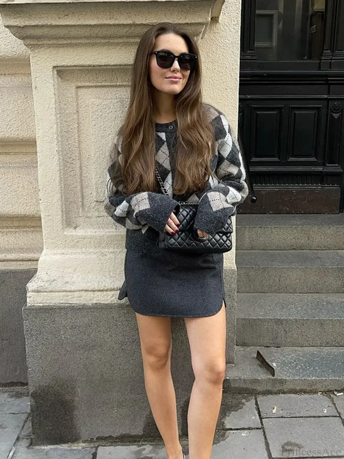 Square Printed O-neck Long Sleeve Cardigan - Image 3