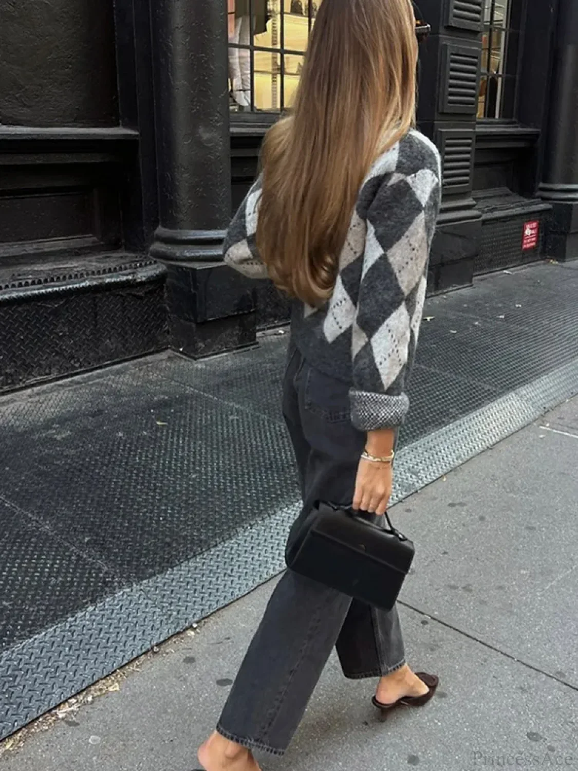 Square Printed O-neck Long Sleeve Cardigan - Image 6