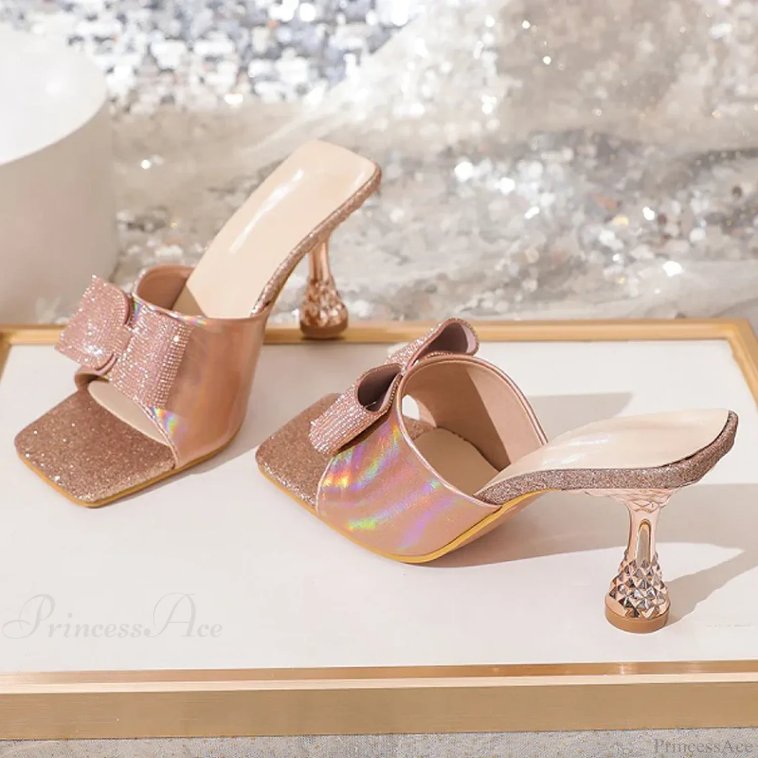 Square Toe Crystal Butterfly-knot Slippers Low Heels Summer Party Low Heel Pump - Image 5