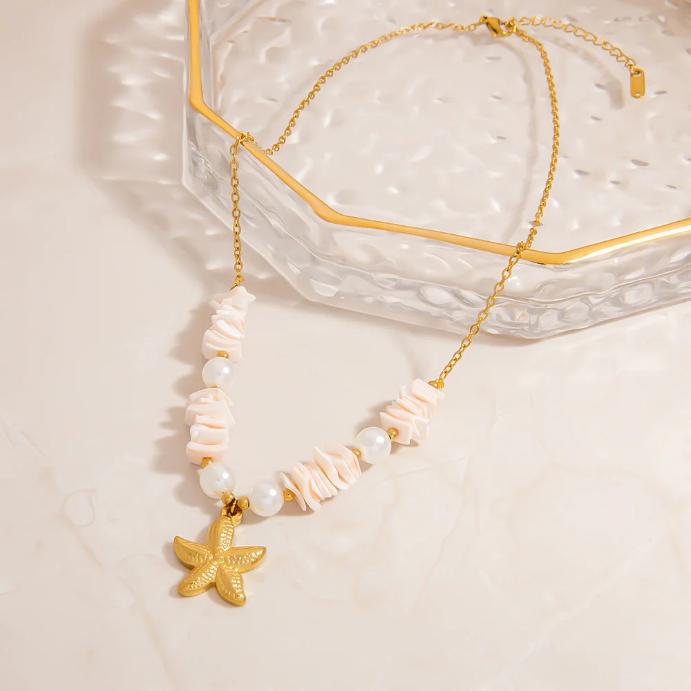 Stainless Steel Natural Stone Pearl Starfish Sun NeckLace - Image 4