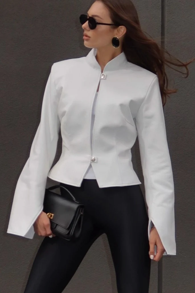 Stand Collar Fitted Leather Jacket - Image 5