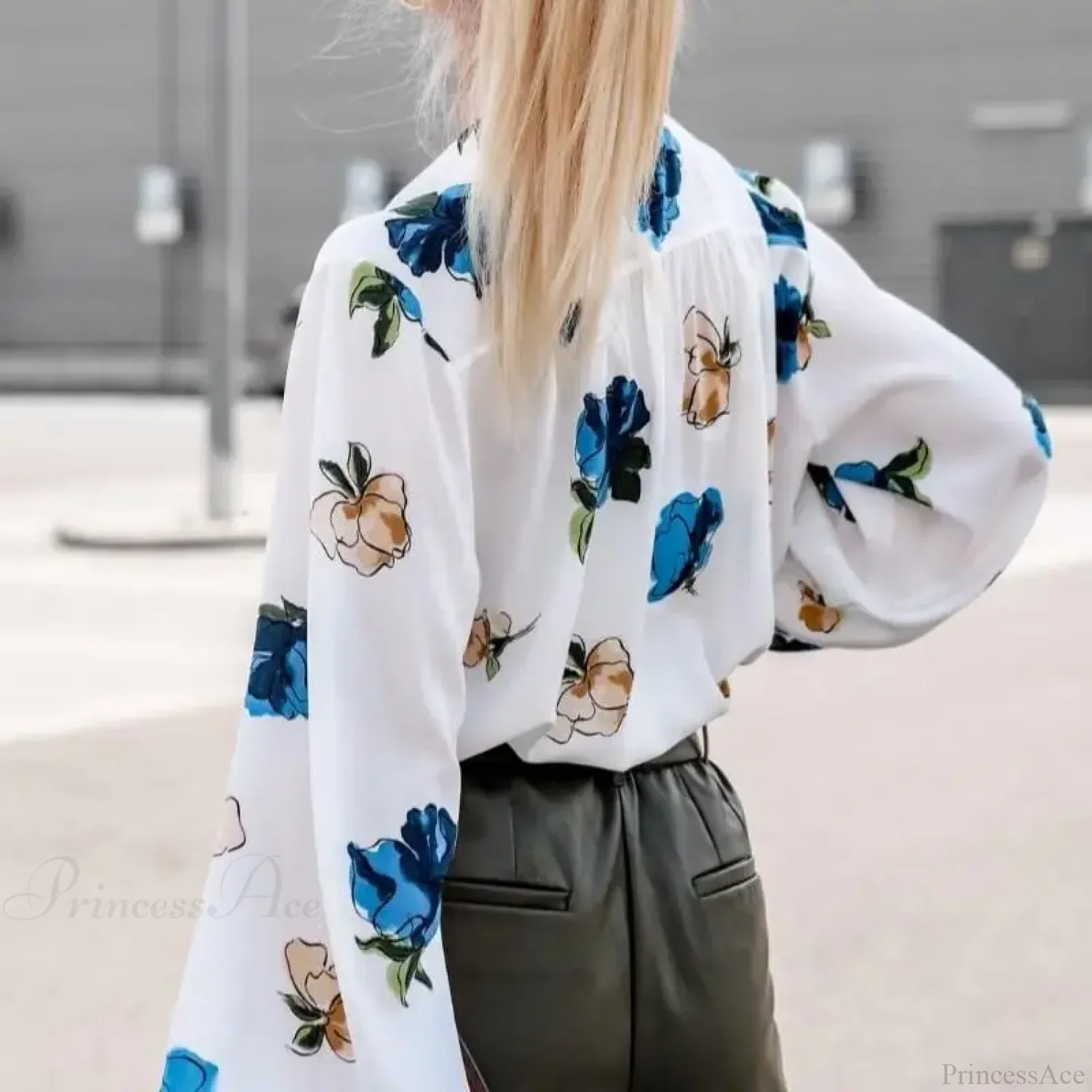 Stand Collar Floral Print Lantern Sleeve Blouse - Image 3