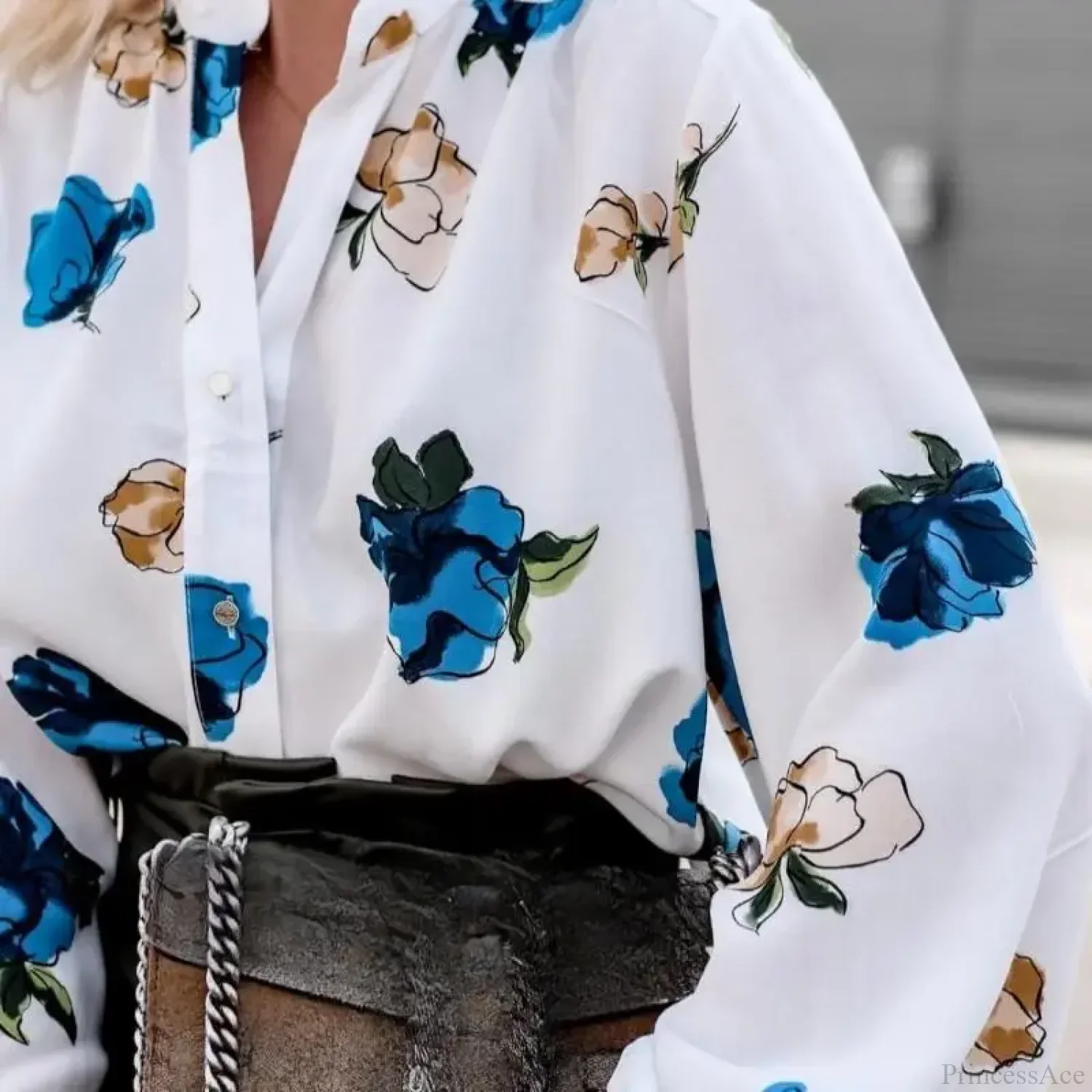 Stand Collar Floral Print Lantern Sleeve Blouse - Image 4