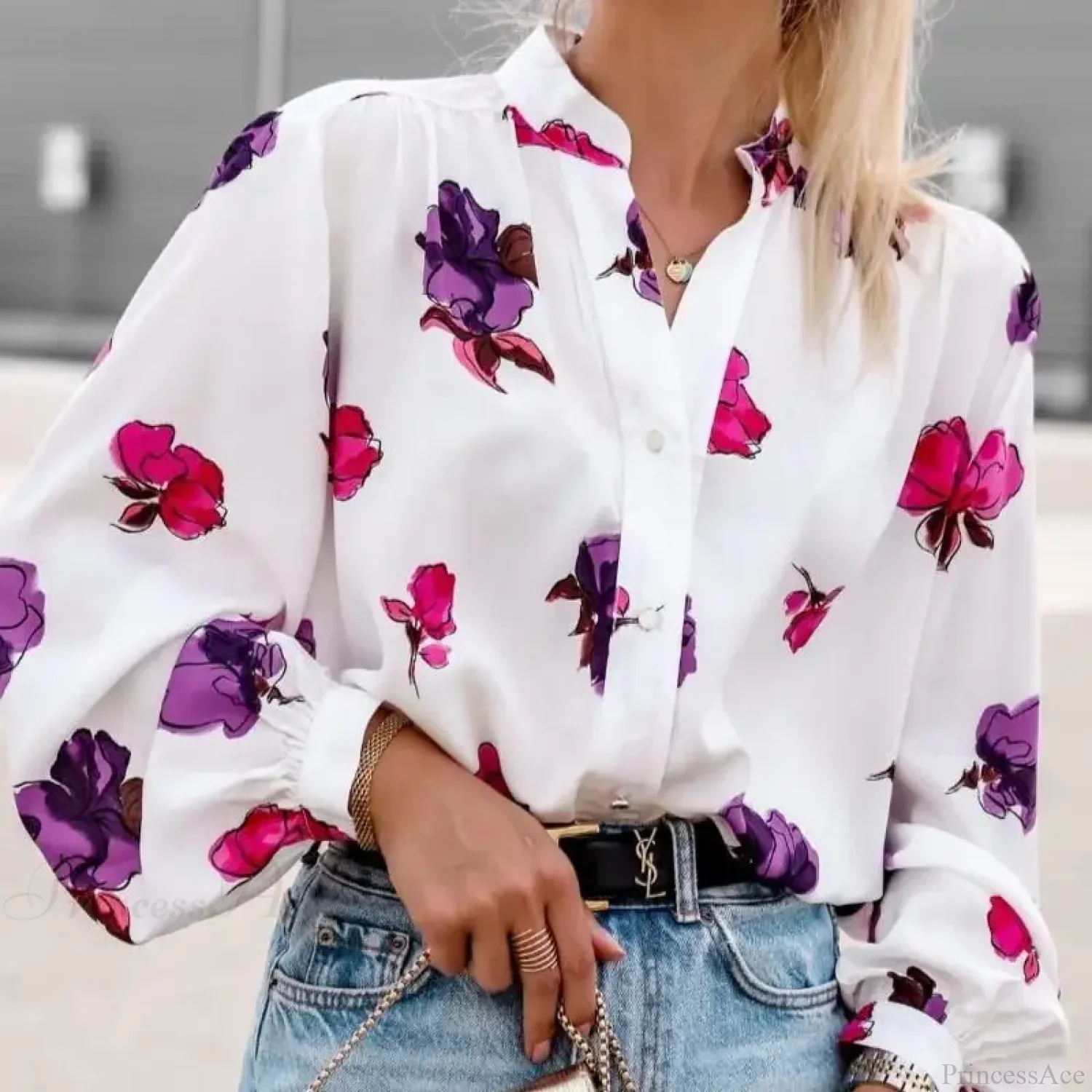 Stand Collar Floral Print Lantern Sleeve Blouse - Image 5