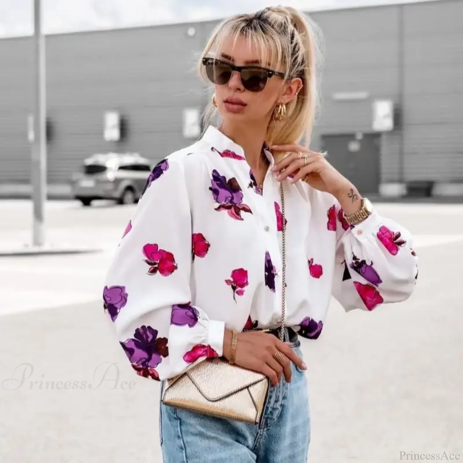 Stand Collar Floral Print Lantern Sleeve Blouse - Image 6