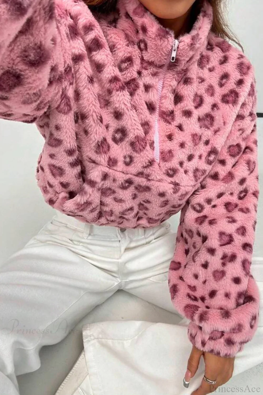 Stand Collar Half-Zip Leopard Print Cropped Fuzzy Coat - Image 4