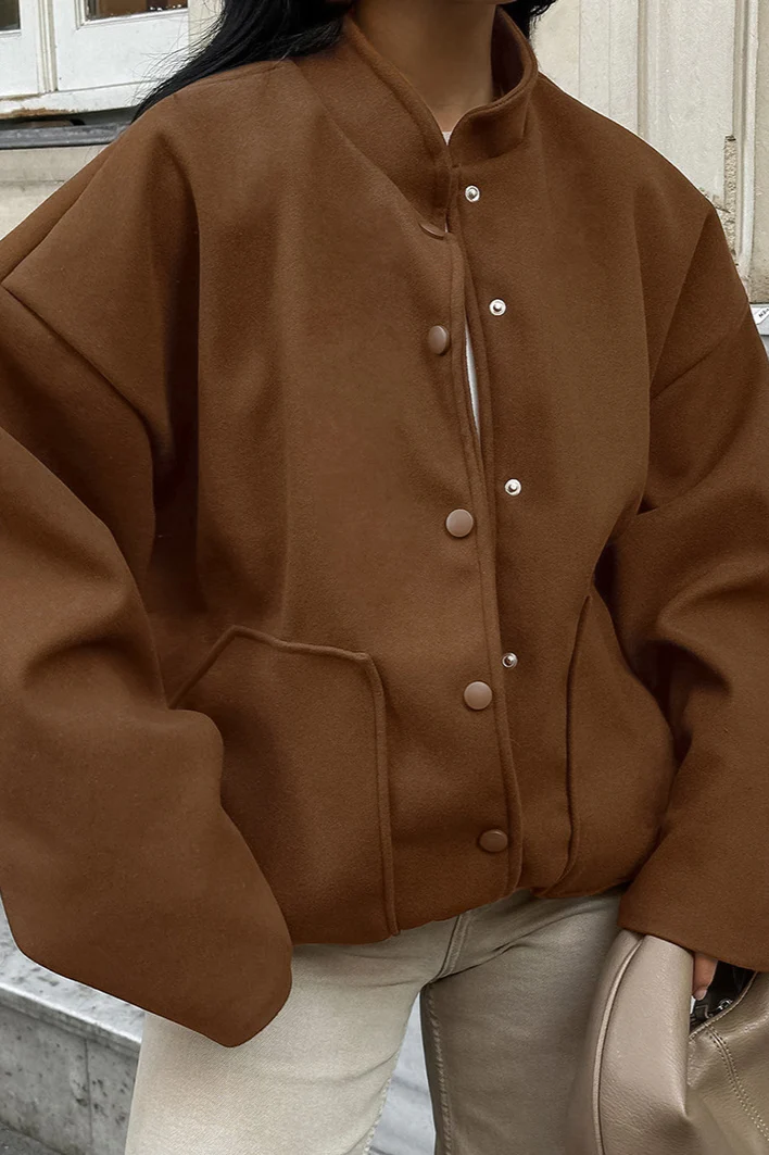 Stand Collar Melange Brown Wool Coat - Image 4