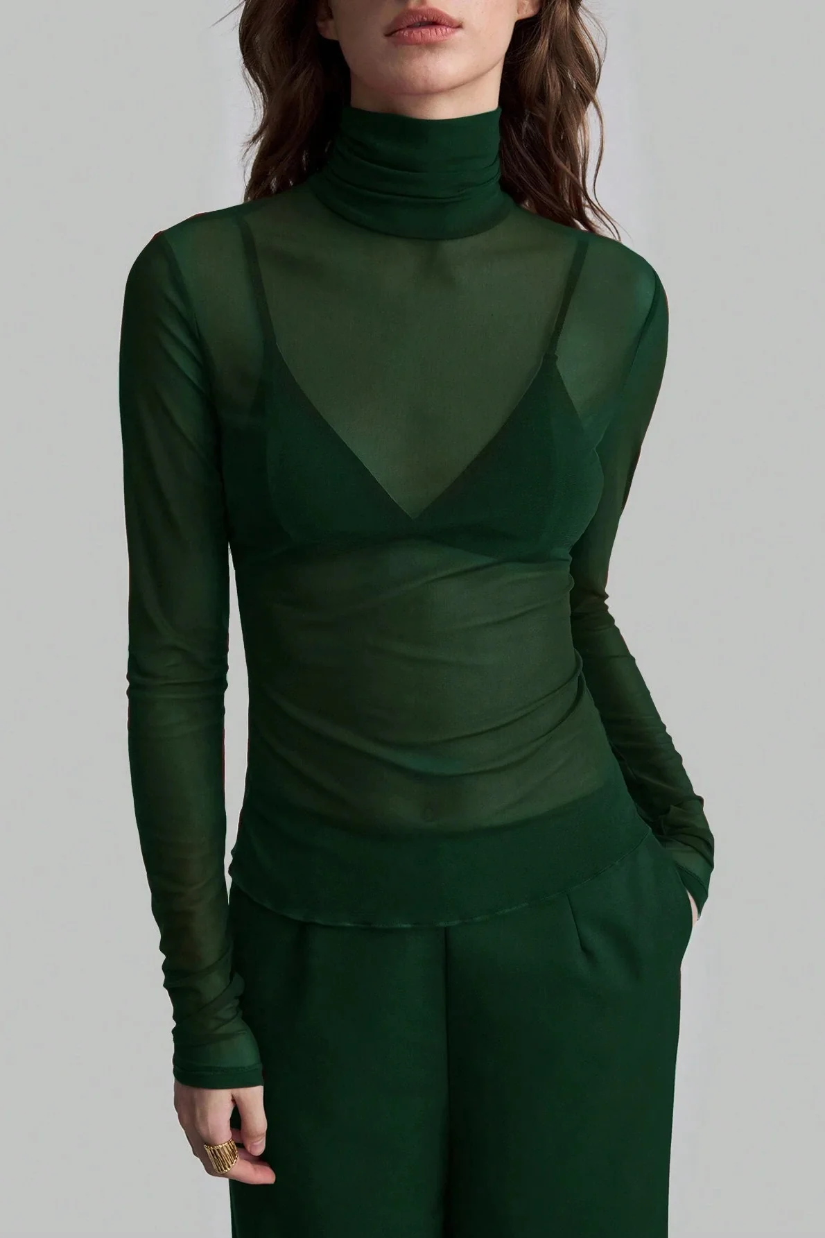 Stand Collar Solid Mesh Slim Fit Long Sleeve Tee - Image 10