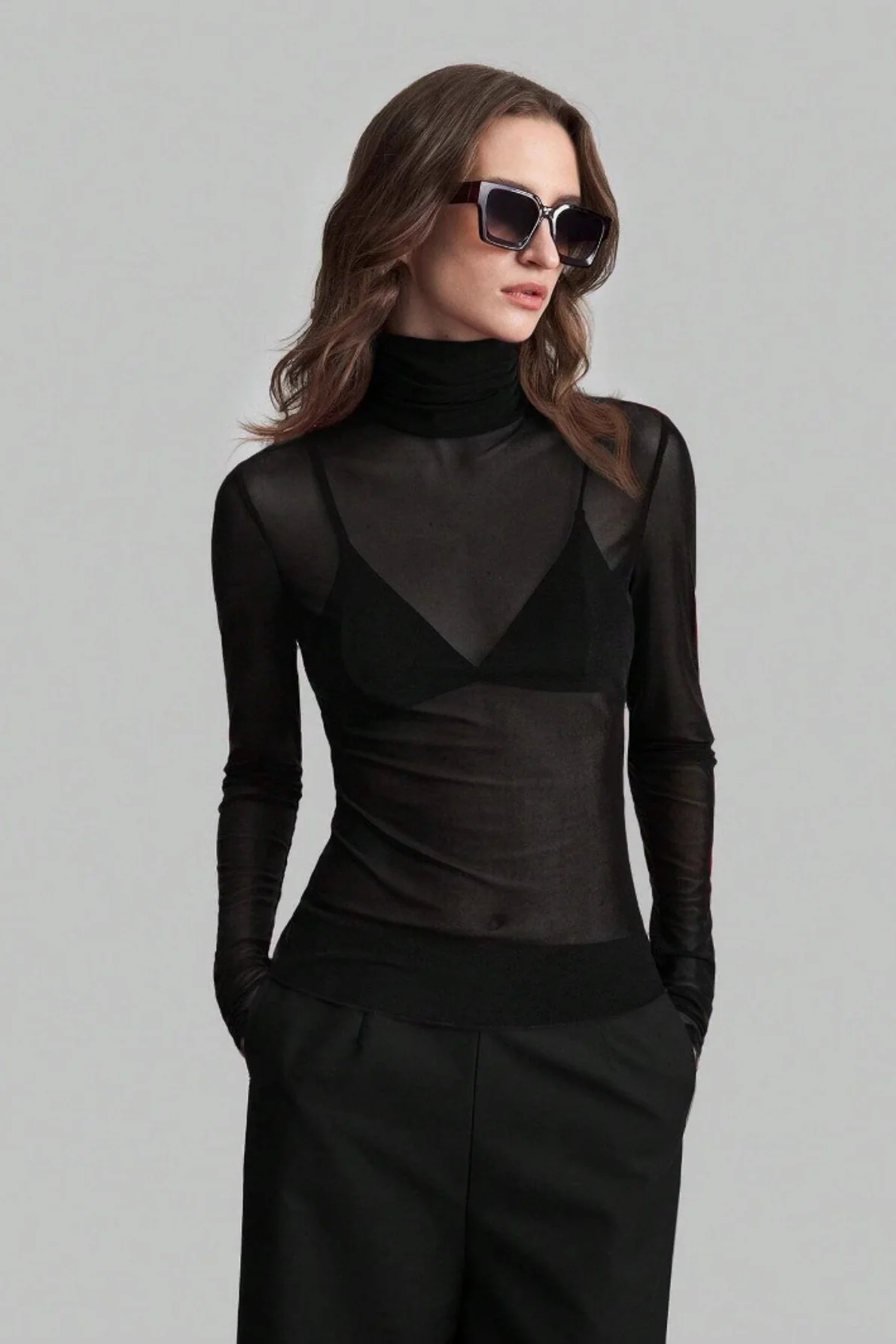 Stand Collar Solid Mesh Slim Fit Long Sleeve Tee - Image 4
