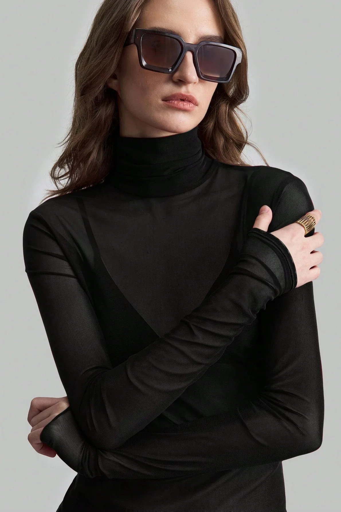Stand Collar Solid Mesh Slim Fit Long Sleeve Tee - Image 6