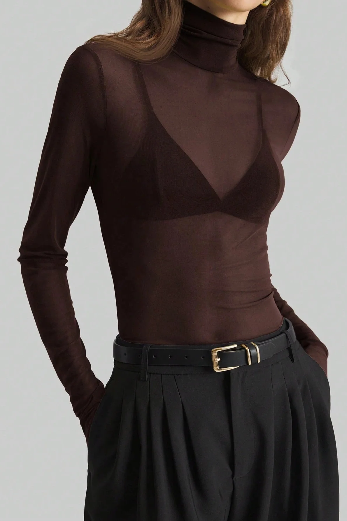 Stand Collar Solid Mesh Slim Fit Long Sleeve Tee - Image 8