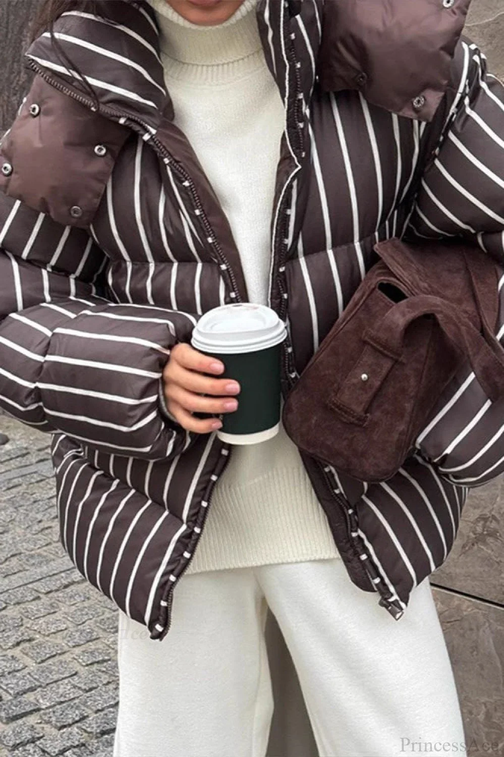 Stand Collar Striped Hooded Warm Quilted Coat - Image 2