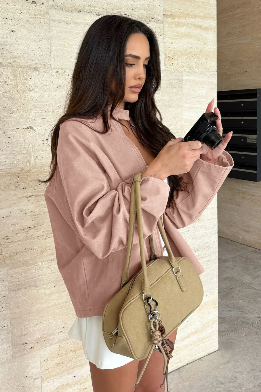 Stand Collar Suede Long Sleeve Jacket - Image 2